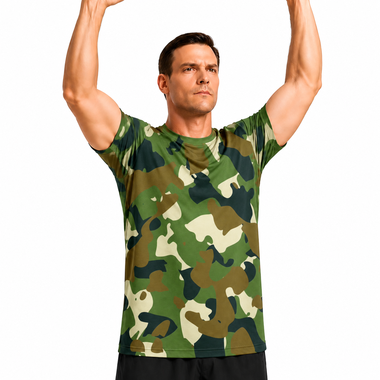 Army Camo TallGymPro shirt, showing the extra torso length during an overhead reach