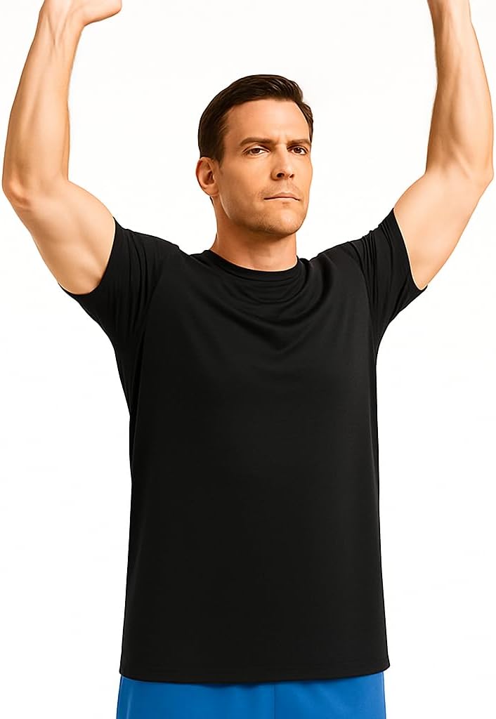 Black TallGymPro shirt, showing the extra torso length during an overhead reach